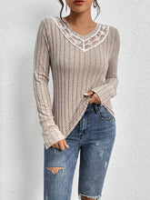 Women's Lace Trim Ribbed V-Neck Long Sleeve Top